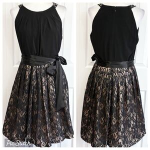 JH Evenings Black Beaded Sleeveless Fit & Flare Lace Overlay Dress 14